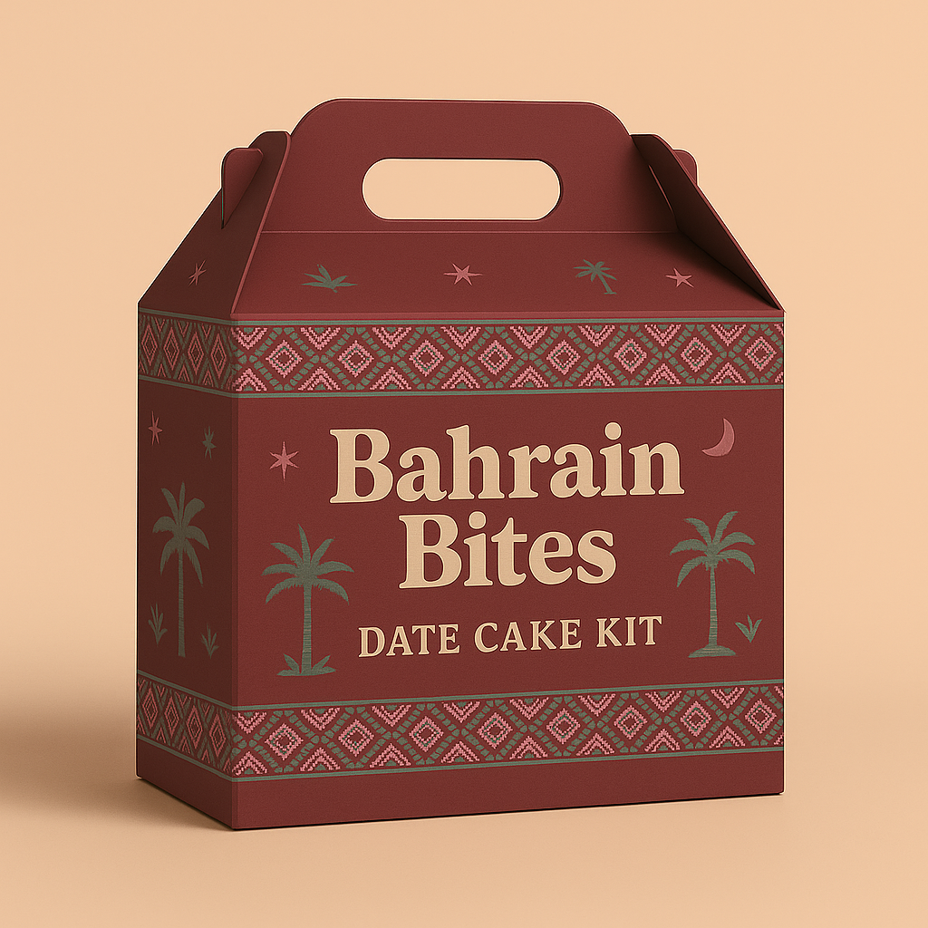 Traditional Bahraini date cake baking mix flat Ready-to-bake date cake kit with flour, sugar, and date paste Date Cake Kit by Bahrain Bites re-measured baking kit for Gulf-style date cake